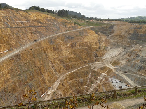 Waihi goldmine with dump truck going up ramp